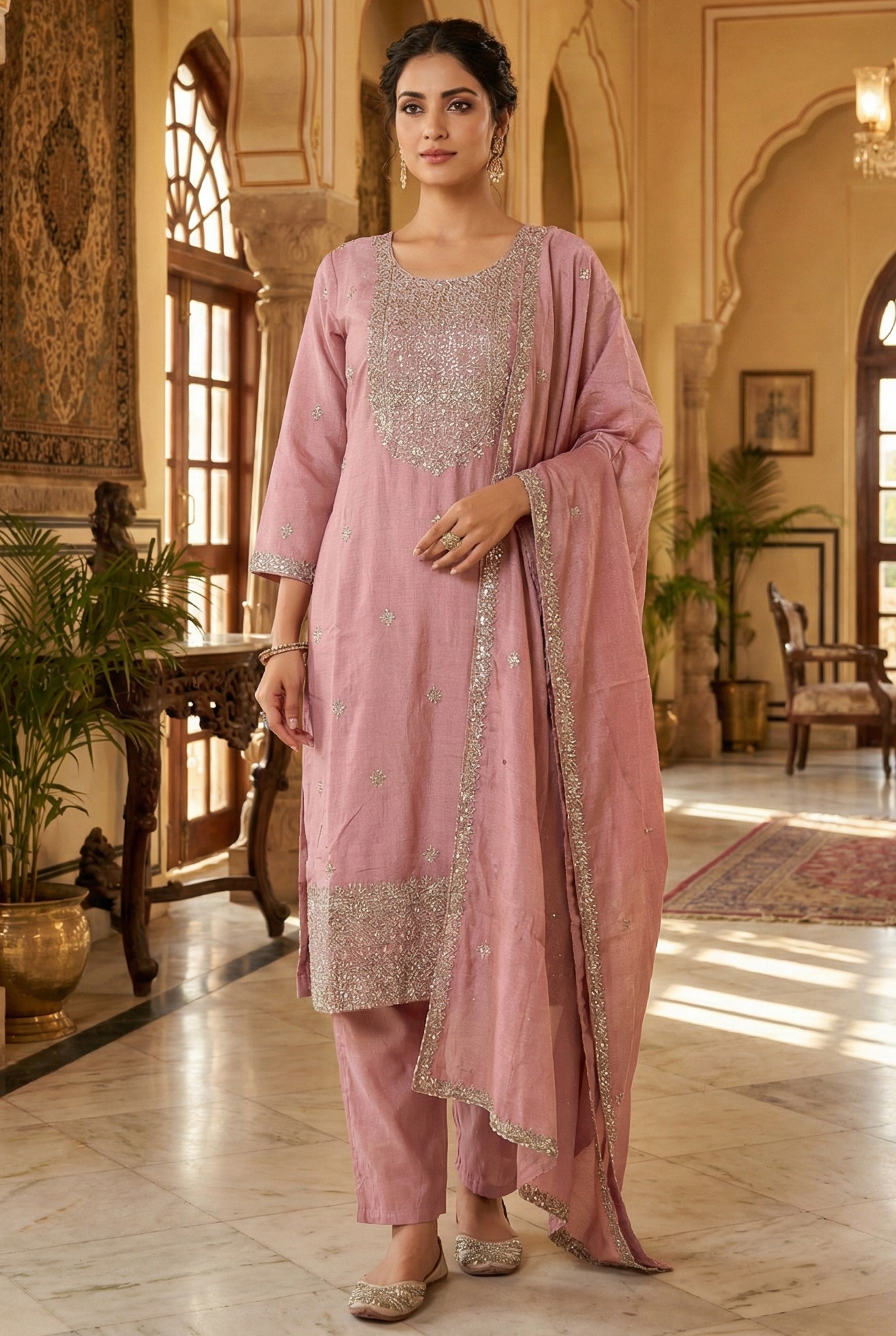 Blush Pink Stone Work Kurta Set with Dupatta
