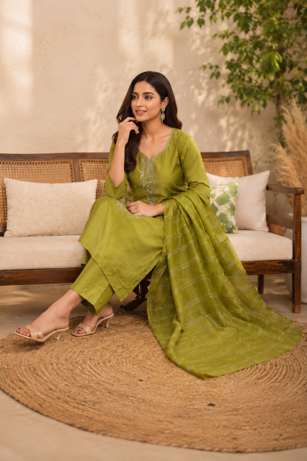 Olive Green Stone Work Kurta Set with Striped Dupatta
