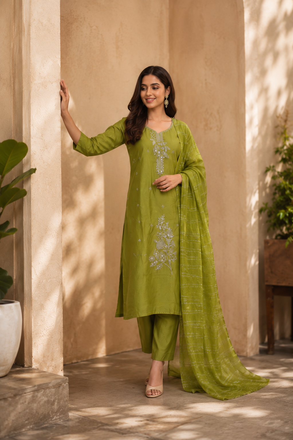 Olive Green Stone Work Kurta Set with Striped Dupatta