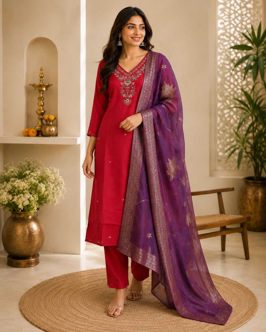 Rani Pink Kurta Set with Purple Woven Dupatta