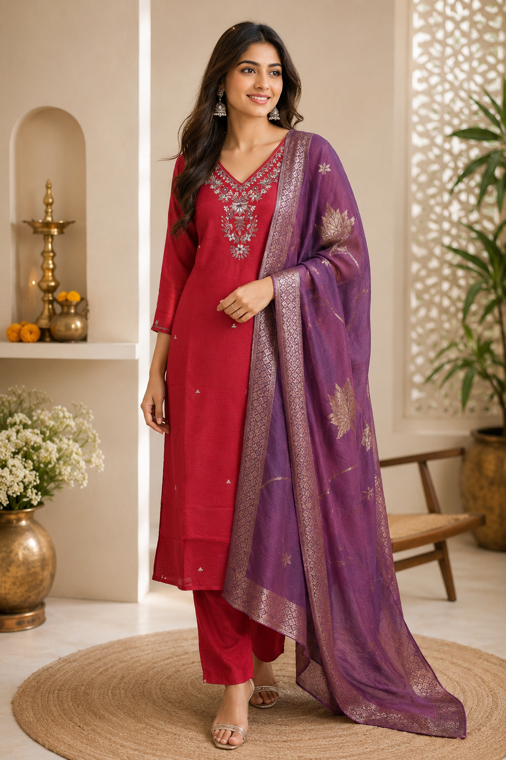Rani Pink Kurta Set with Purple Woven Dupatta