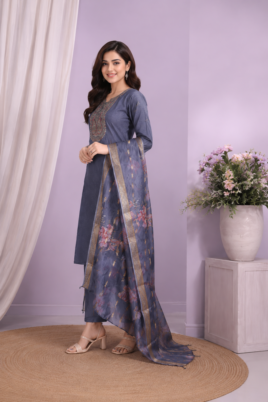 Dark Grey Embroidered Kurta Set with Floral Organza Dupatta