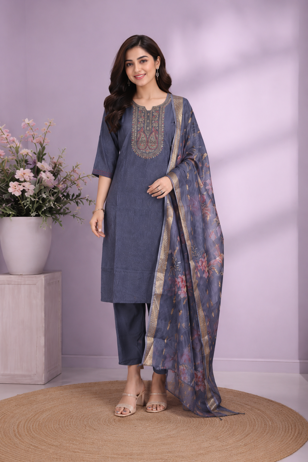 Dark Grey Embroidered Kurta Set with Floral Organza Dupatta