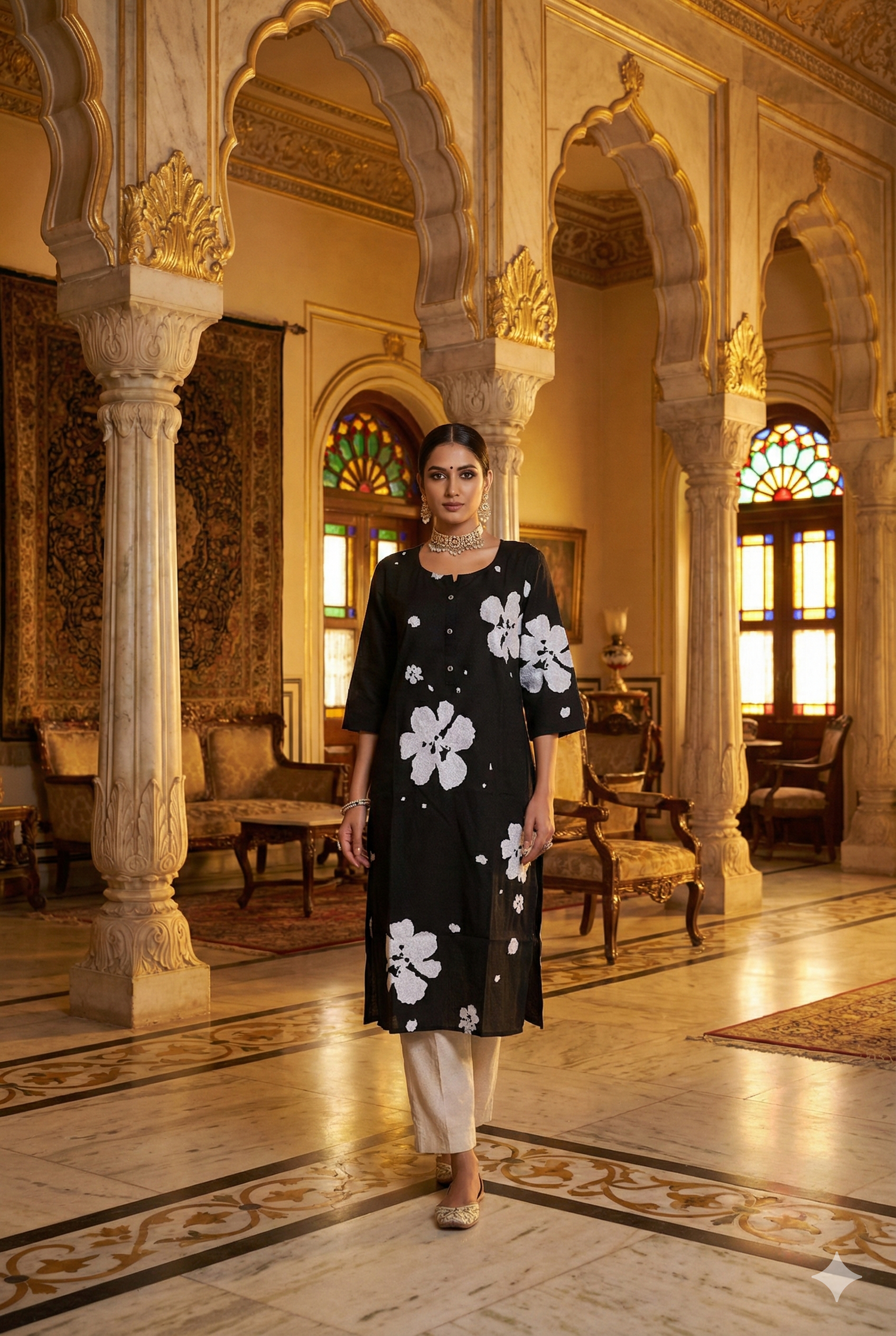 Black Floral Printed Straight Kurti
