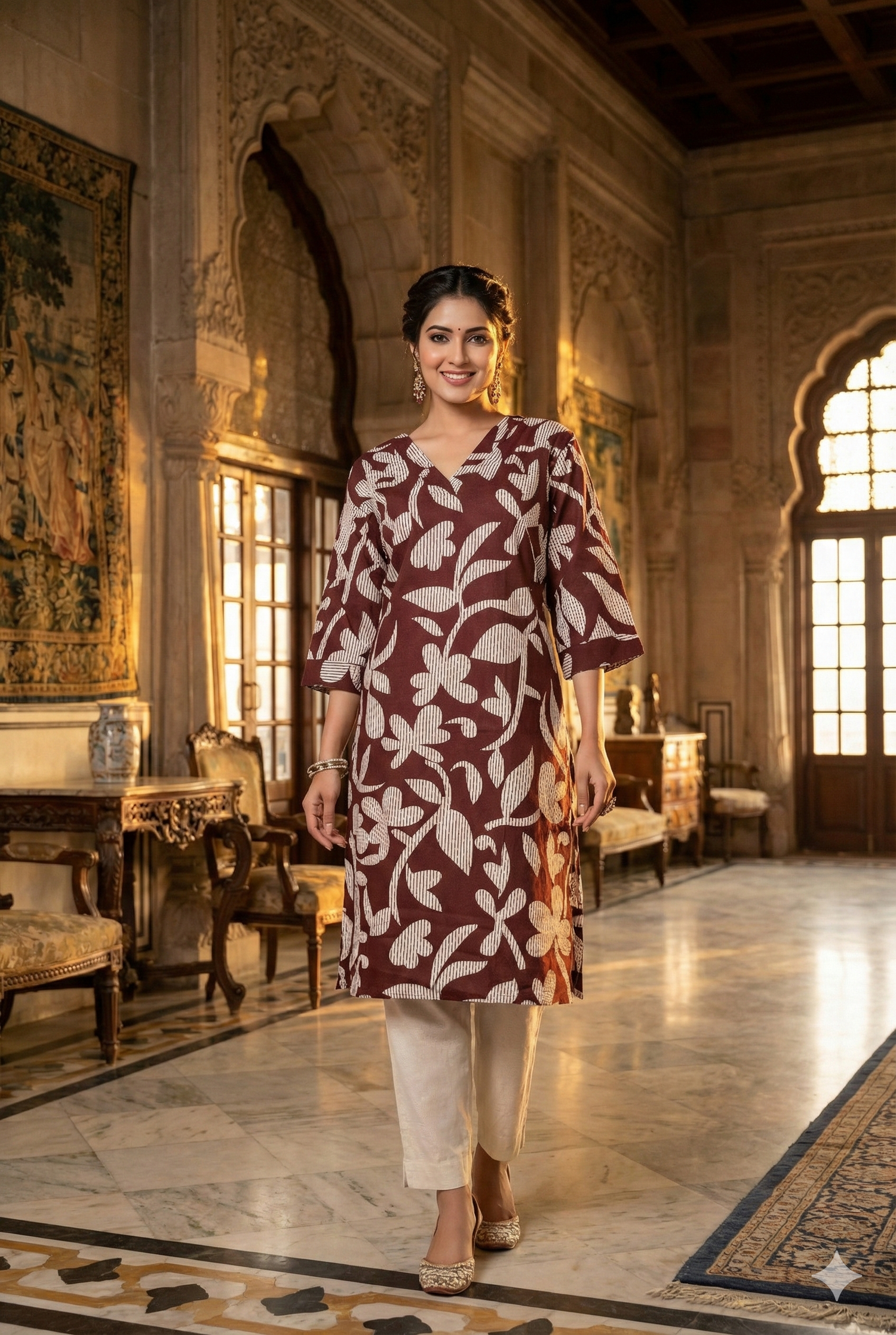 Maroon Floral Printed Straight Kurti