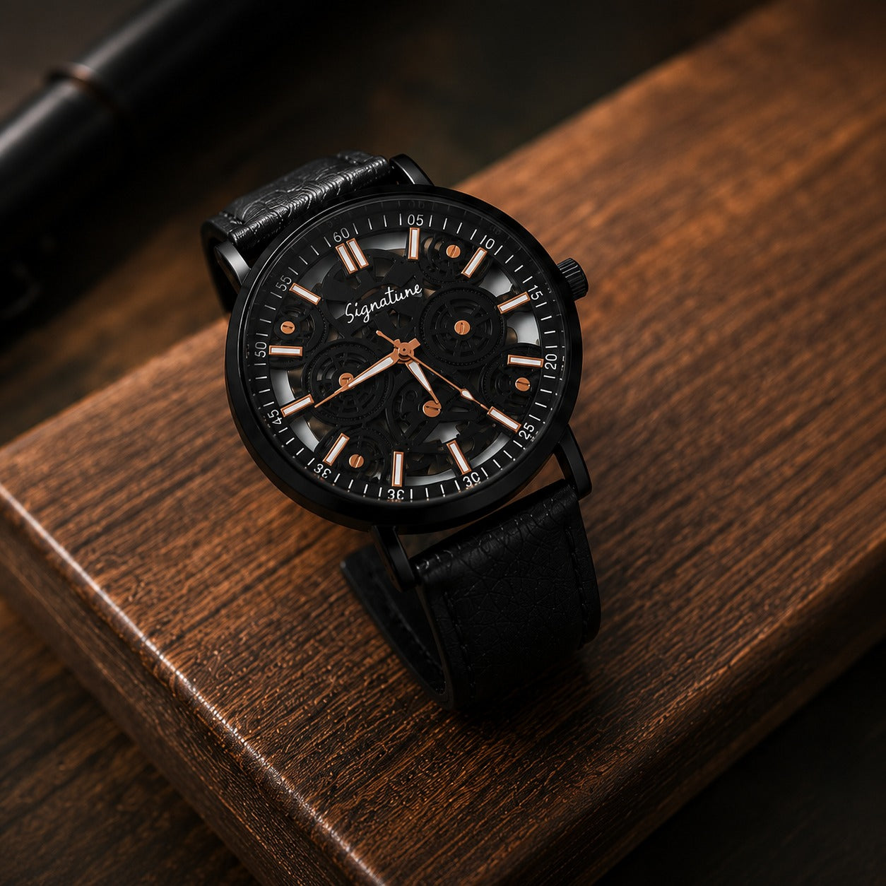 Signature Men's Premium Skeleton Dial Analog Watch with Black Leather Strap | Black & Rose Gold