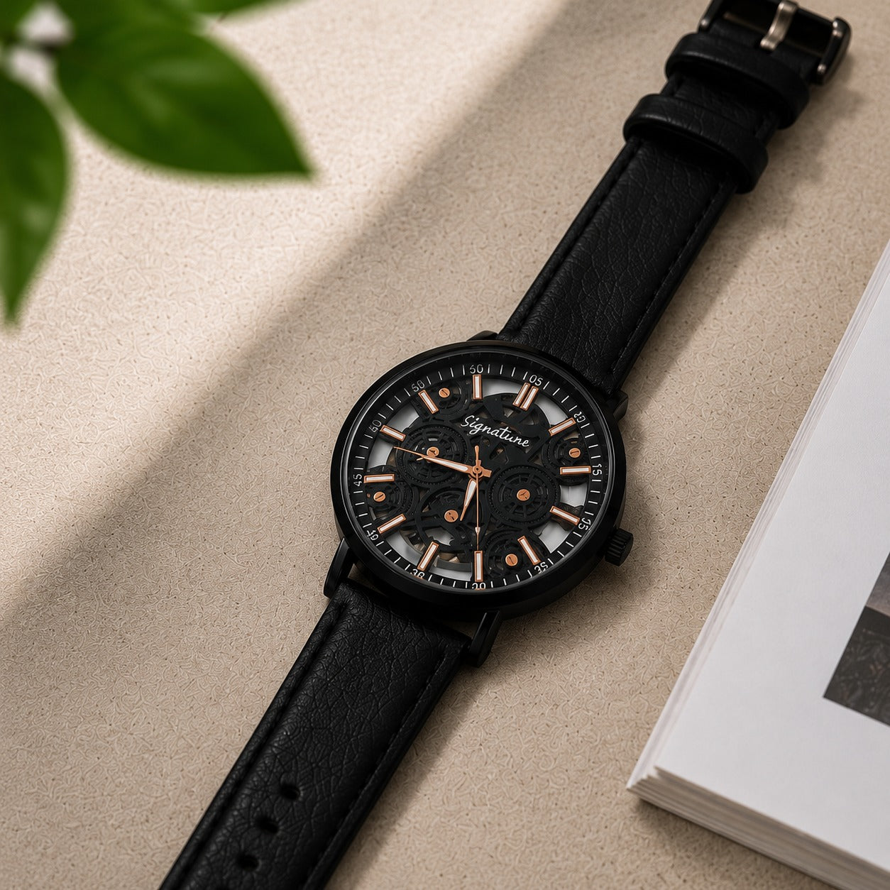 Signature Men's Premium Skeleton Dial Analog Watch with Black Leather Strap | Black & Rose Gold
