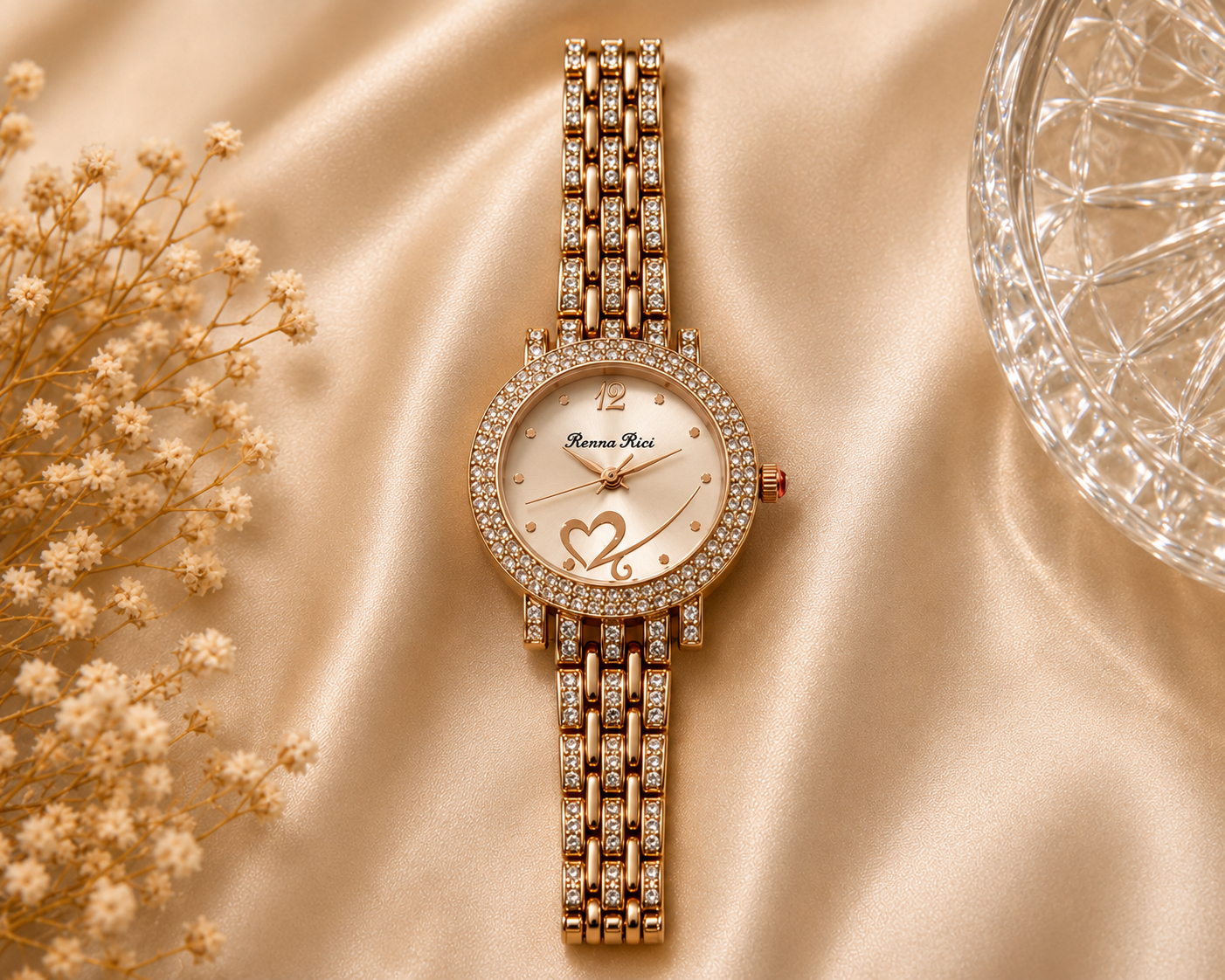 Renna Ricci Women's Rose Gold Analog Quartz Watch with Crystal Bezel & Stainless Steel Strap