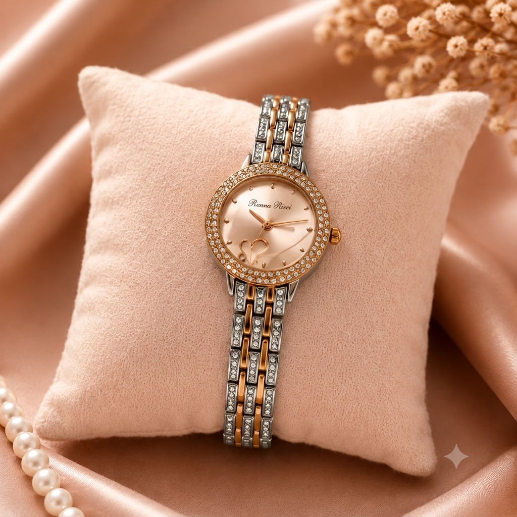 Renna Ricci Women's Rose Gold Analog Quartz Watch with Crystal Bezel & Stainless Steel Strap