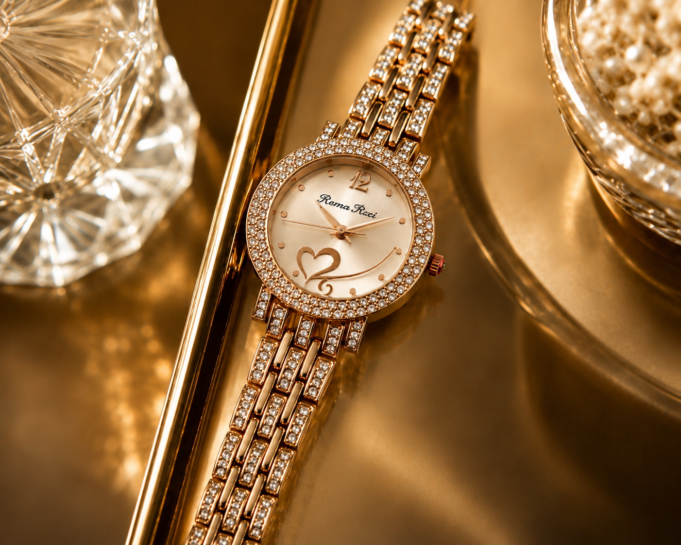 Renna Ricci Women's Rose Gold Analog Quartz Watch with Crystal Bezel & Stainless Steel Strap